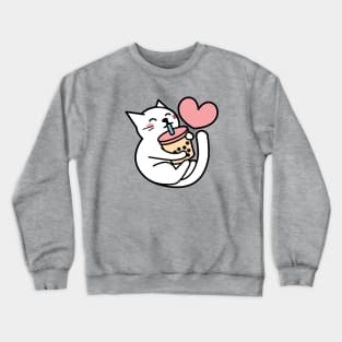 Cute White Cat Sipping Bubble Tea - Kawaii Boba Tea Crewneck Sweatshirt